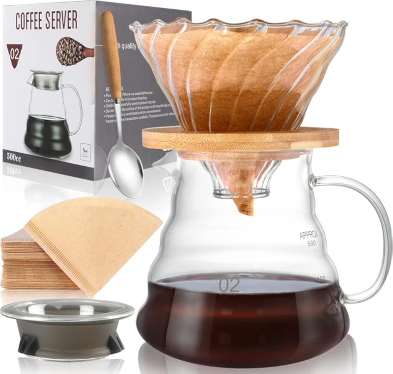 طقم ماكينة تحضير القهوة بالتقطير من سوبرو باروير، يتضمن فلتر قهوة زجاجي يدوي مع قمع تقطير، إبريق قهوة سعة 500 مل بمقبض، كوب قهوة زجاجي مع ملعقة قهوة، و100 فلتر ورقي.